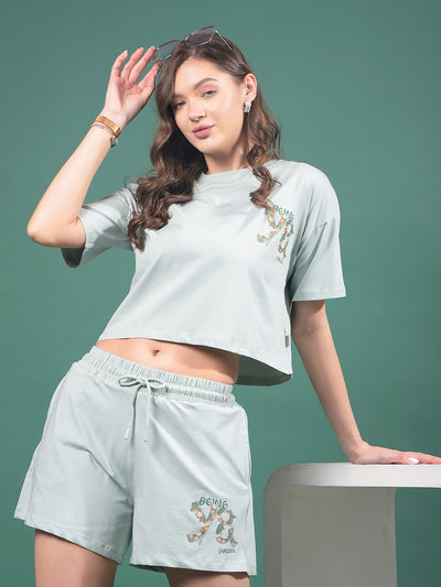 Blue Typographic Print Crop Length T-Shirt-Women T-Shirts-Crimsoune Club