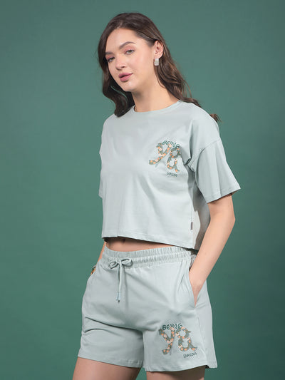 Blue Typographic Print Crop Length T-Shirt-Women T-Shirts-Crimsoune Club