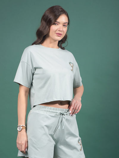 Blue Typographic Print Crop Length T-Shirt-Women T-Shirts-Crimsoune Club