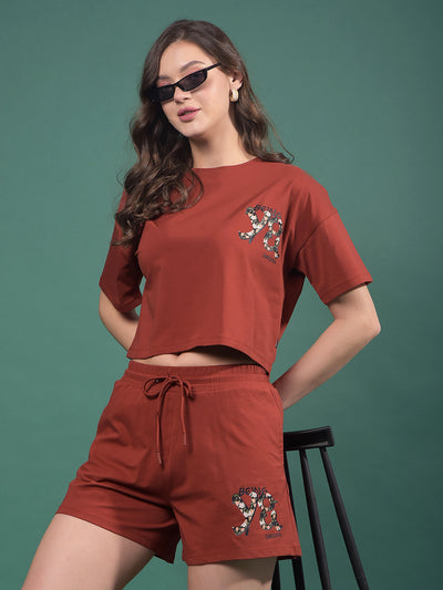 Maroon Typographic Print Crop Length T-Shirt-Women T-Shirts-Crimsoune Club