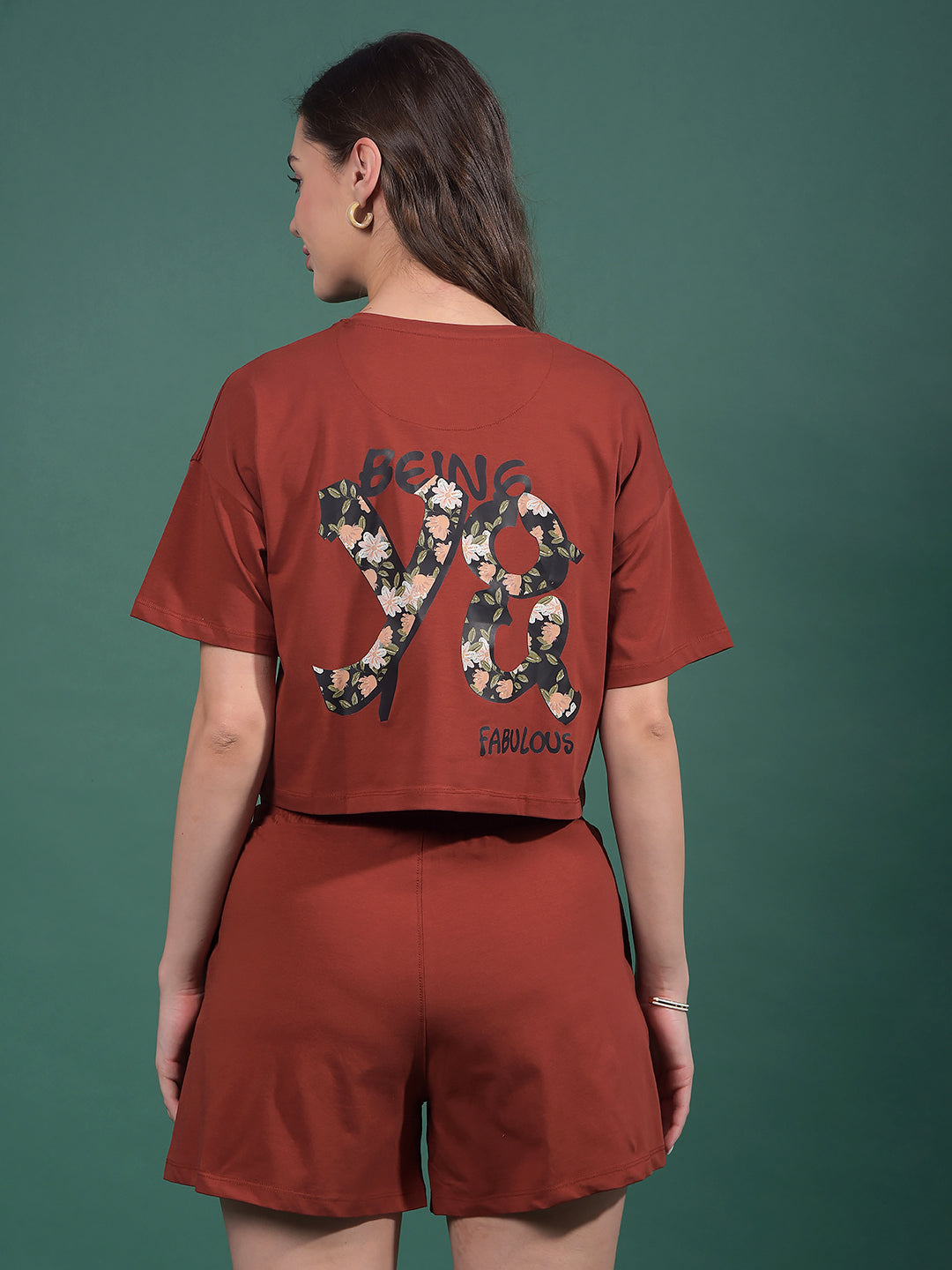 Maroon Typographic Print Crop Length T-Shirt-Women T-Shirts-Crimsoune Club
