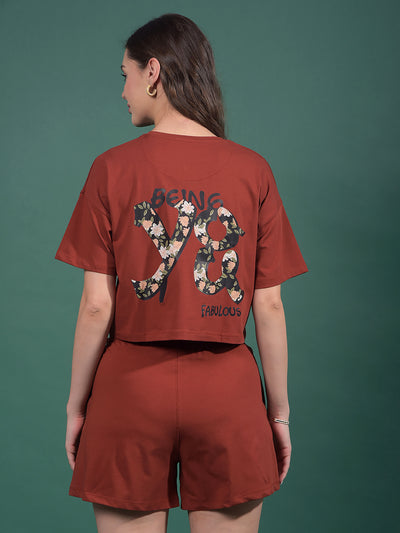 Maroon Typographic Print Crop Length T-Shirt-Women T-Shirts-Crimsoune Club