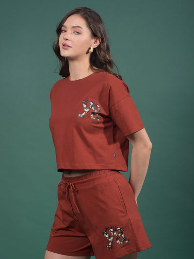 Maroon Typographic Print Crop Length T-Shirt-Women T-Shirts-Crimsoune Club