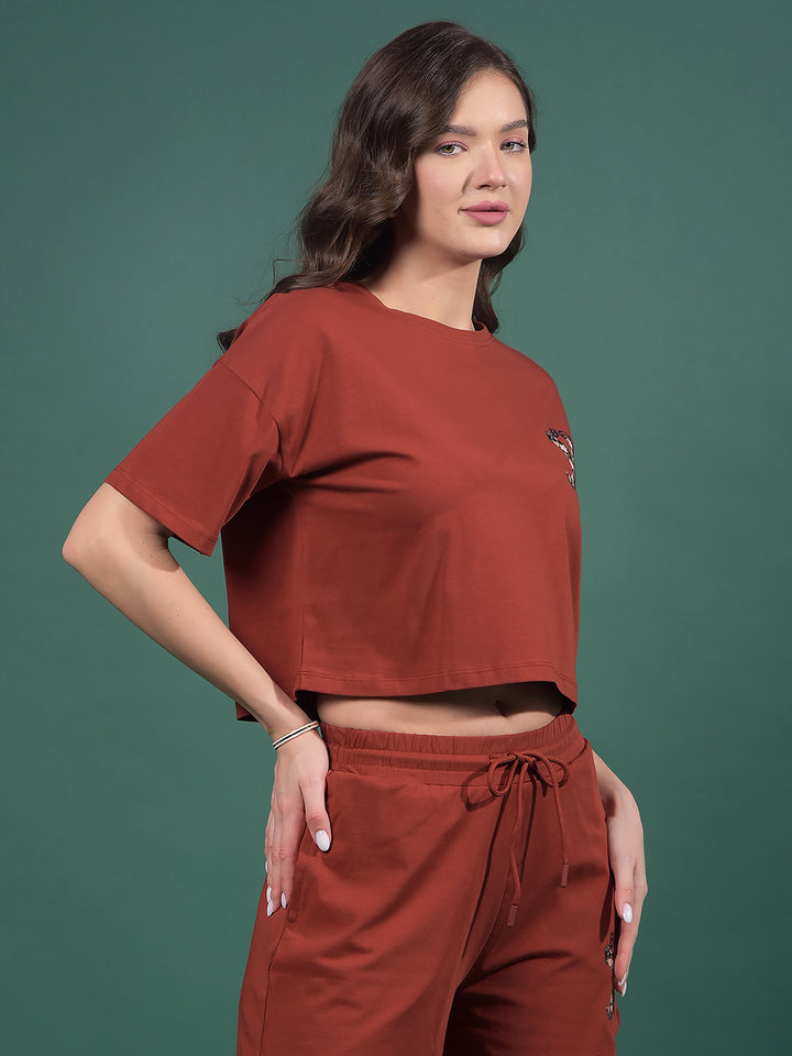 Maroon Typographic Print Crop Length T-Shirt-Women T-Shirts-Crimsoune Club