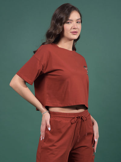 Maroon Typographic Print Crop Length T-Shirt-Women T-Shirts-Crimsoune Club