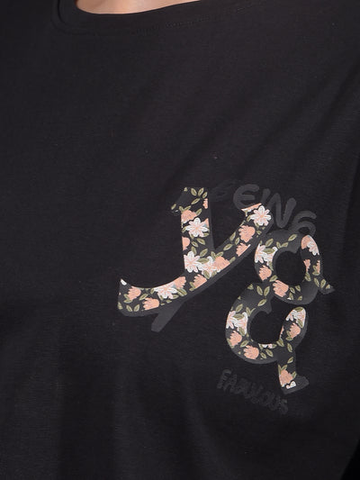 Black Typographic Print Crop Length T-Shirt-Women T-Shirts-Crimsoune Club