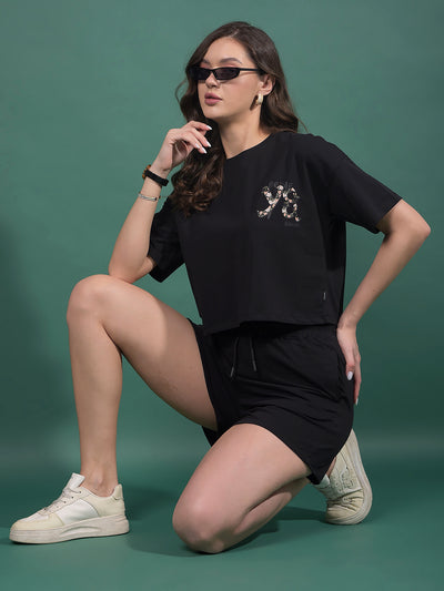 Black Typographic Print Crop Length T-Shirt-Women T-Shirts-Crimsoune Club
