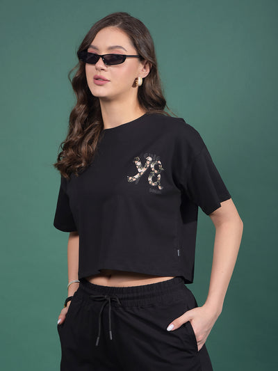 Black Typographic Print Crop Length T-Shirt-Women T-Shirts-Crimsoune Club