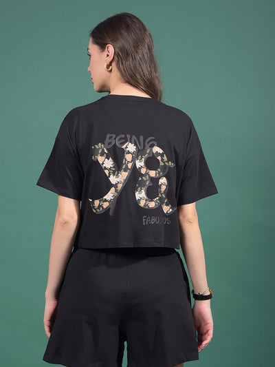Black Typographic Print Crop Length T-Shirt-Women T-Shirts-Crimsoune Club