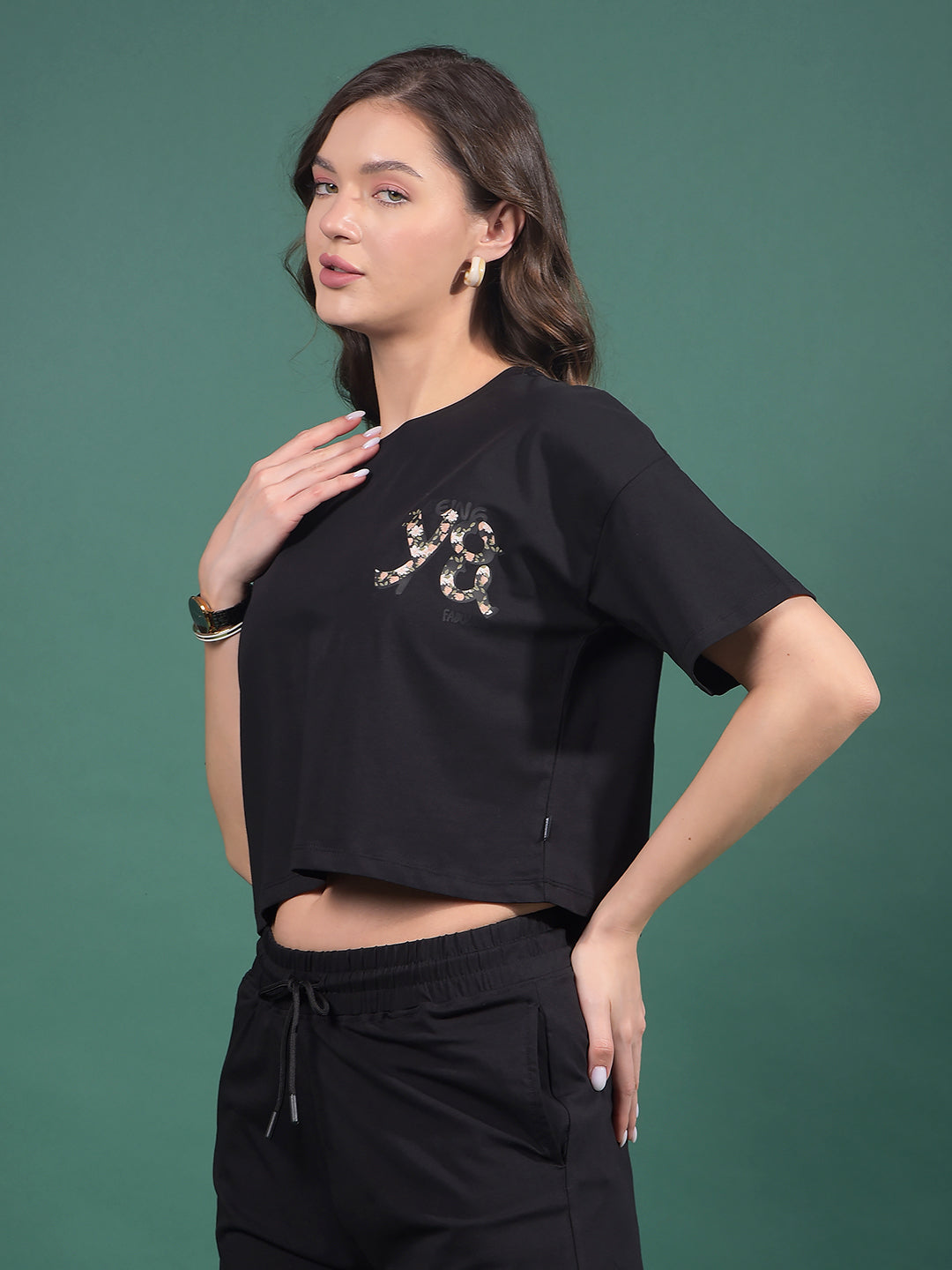 Black Typographic Print Crop Length T-Shirt-Women T-Shirts-Crimsoune Club