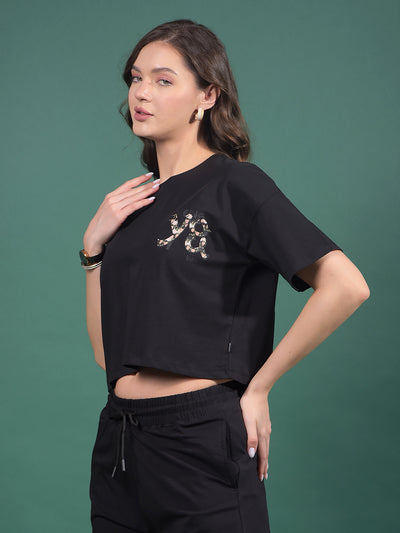 Black Typographic Print Crop Length T-Shirt-Women T-Shirts-Crimsoune Club
