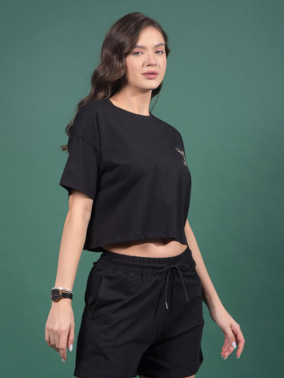 Black Typographic Print Crop Length T-Shirt-Women T-Shirts-Crimsoune Club