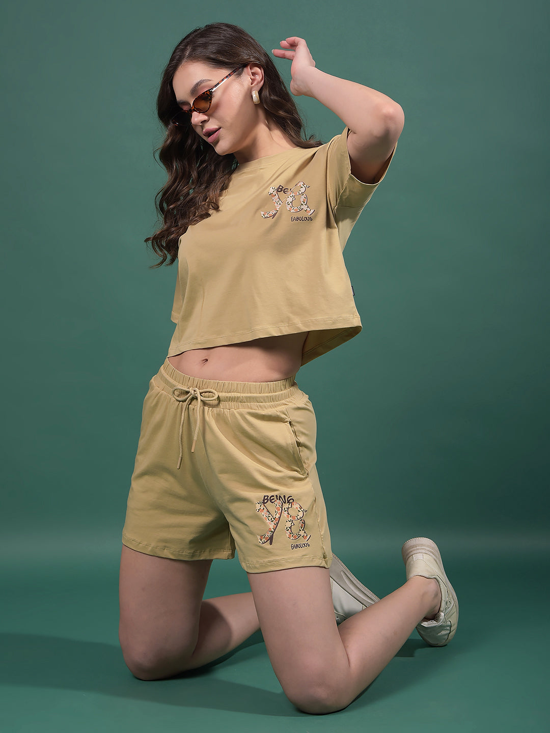 Beige Typographic Print Shorts-Women Shorts-Crimsoune Club