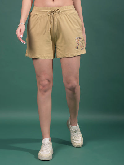 Beige Typographic Print Shorts-Women Shorts-Crimsoune Club