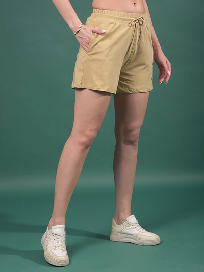 Beige Typographic Print Shorts-Women Shorts-Crimsoune Club