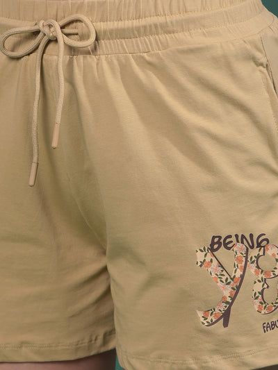 Beige Typographic Print Shorts-Women Shorts-Crimsoune Club
