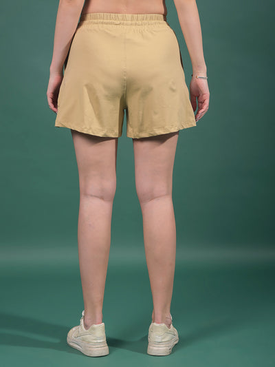 Beige Typographic Print Shorts-Women Shorts-Crimsoune Club