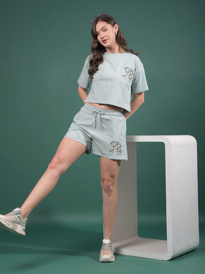 Blue Typographic Print Shorts-Women Shorts-Crimsoune Club