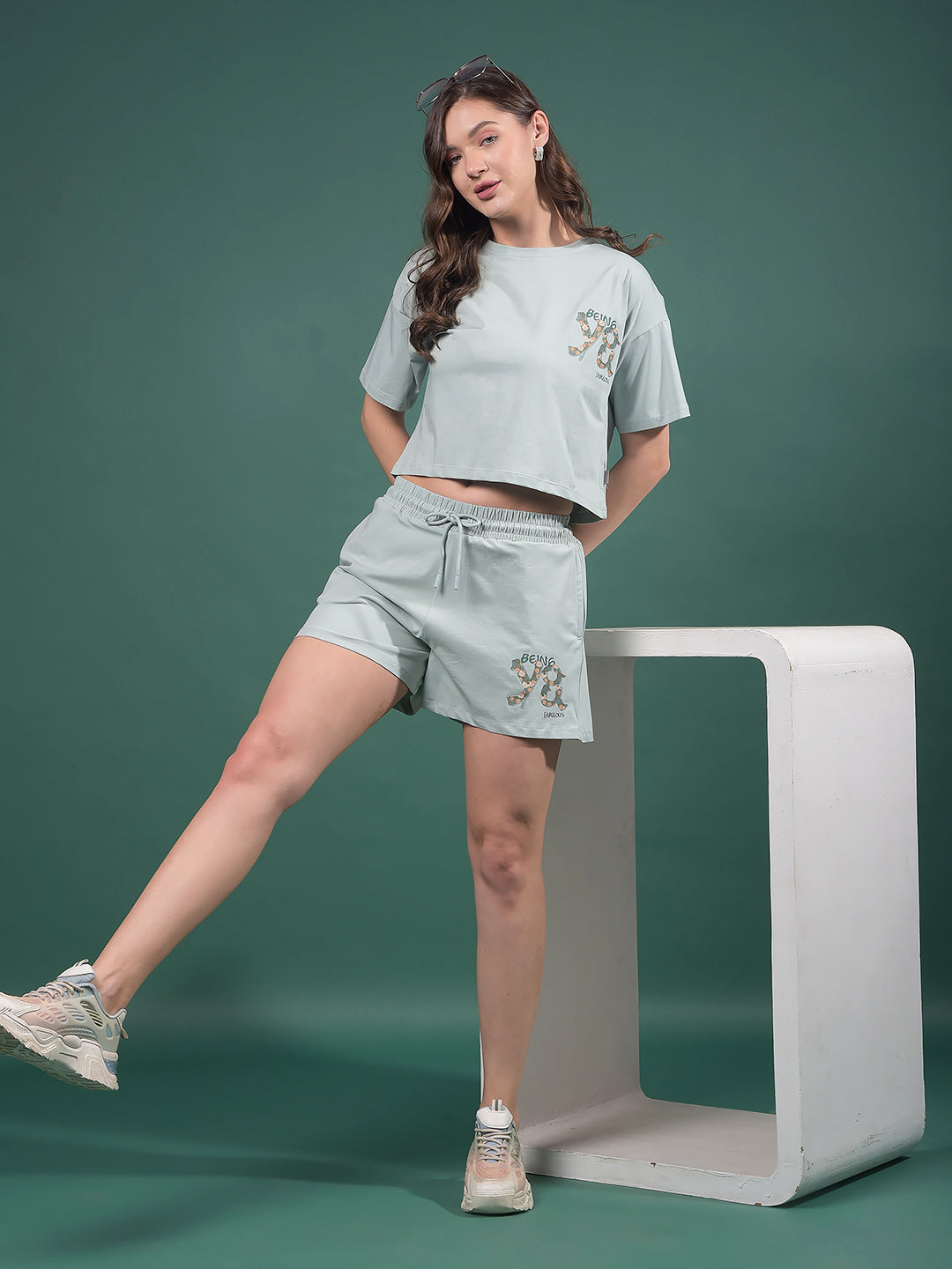 Blue Typographic Print Shorts-Women Shorts-Crimsoune Club