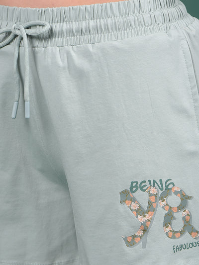 Blue Typographic Print Shorts-Women Shorts-Crimsoune Club