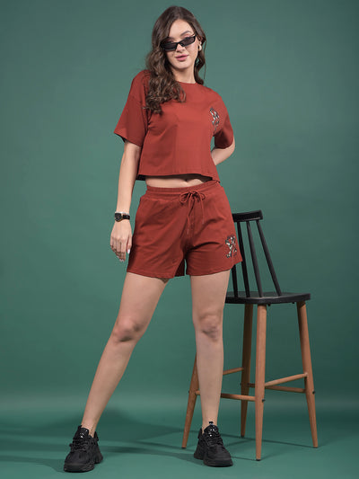 Maroon Typographic Print Shorts-Women Shorts-Crimsoune Club