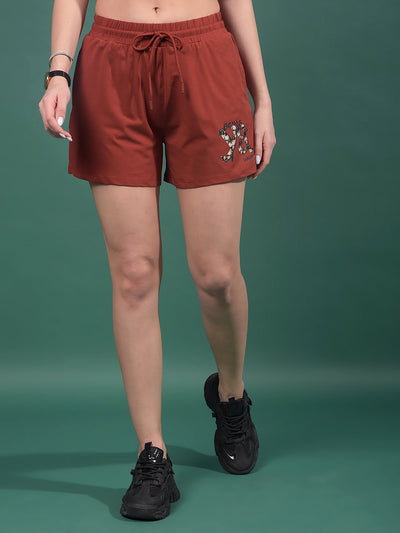 Maroon Typographic Print Shorts-Women Shorts-Crimsoune Club