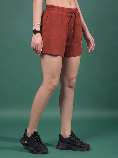 Maroon Typographic Print Shorts-Women Shorts-Crimsoune Club