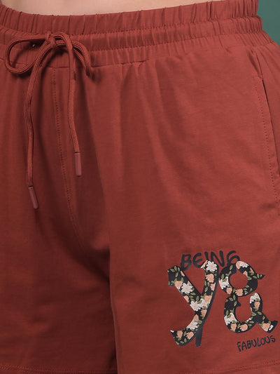 Maroon Typographic Print Shorts-Women Shorts-Crimsoune Club