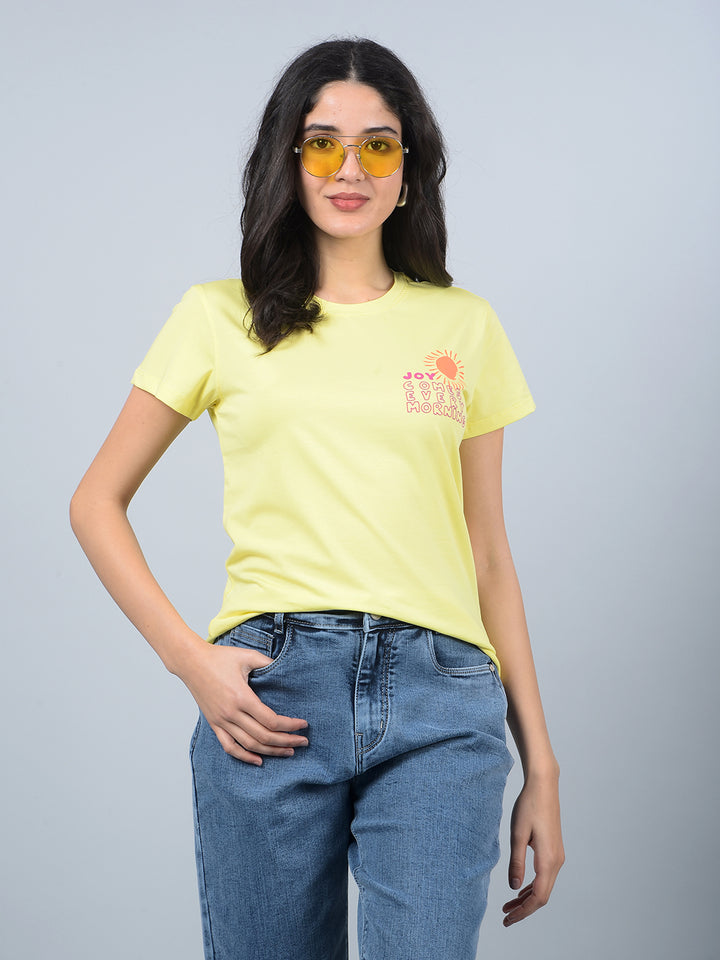 Yellow Typographic Print T-Shirt-Women T-Shirts-Crimsoune Club