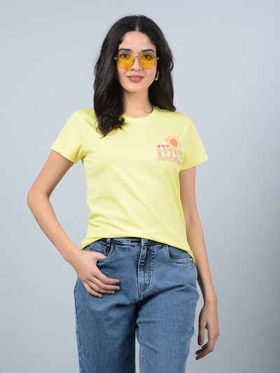 Yellow Typographic Print T-Shirt-Women T-Shirts-Crimsoune Club
