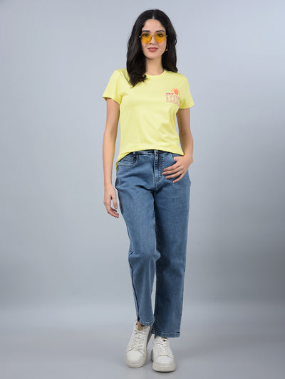 Yellow Typographic Print T-Shirt-Women T-Shirts-Crimsoune Club