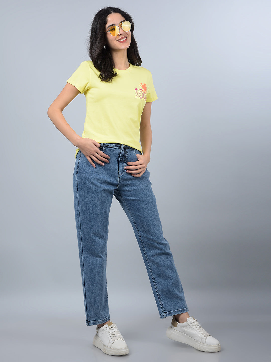 Yellow Typographic Print T-Shirt-Women T-Shirts-Crimsoune Club