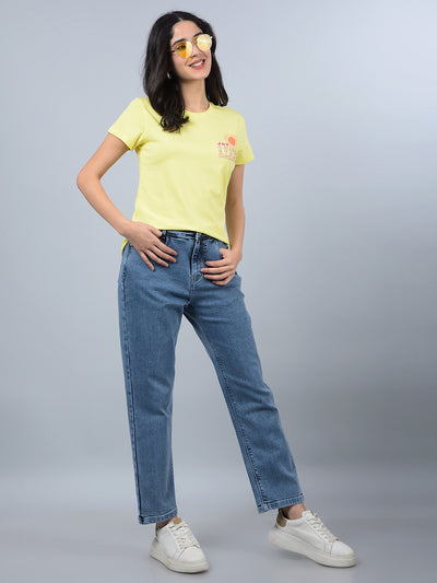 Yellow Typographic Print T-Shirt-Women T-Shirts-Crimsoune Club