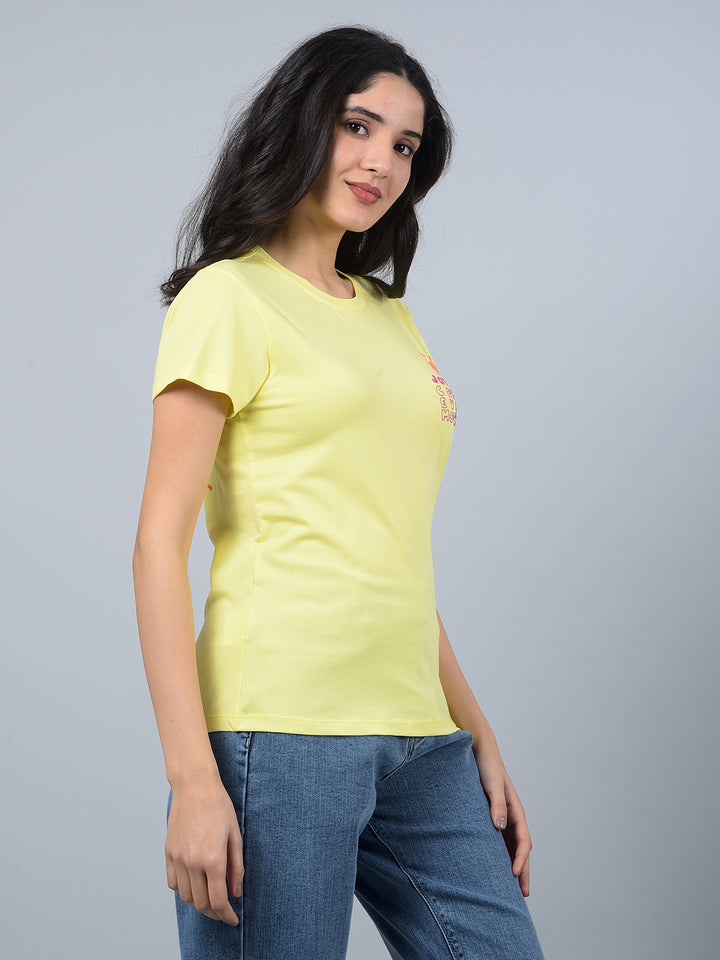 Yellow Typographic Print T-Shirt-Women T-Shirts-Crimsoune Club