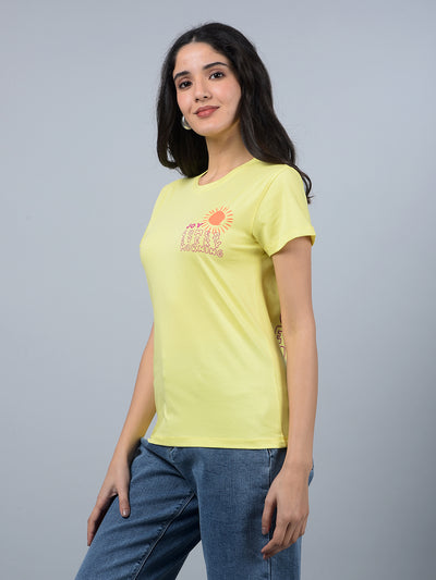 Yellow Typographic Print T-Shirt-Women T-Shirts-Crimsoune Club