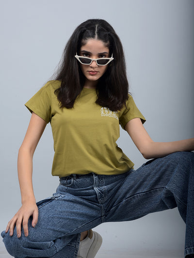 Olive Typographic Print T-Shirt-Women T-Shirts-Crimsoune Club