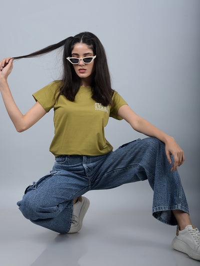 Olive Typographic Print T-Shirt-Women T-Shirts-Crimsoune Club