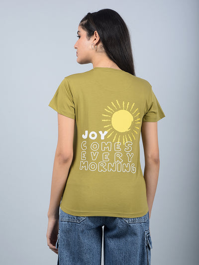 Olive Typographic Print T-Shirt-Women T-Shirts-Crimsoune Club