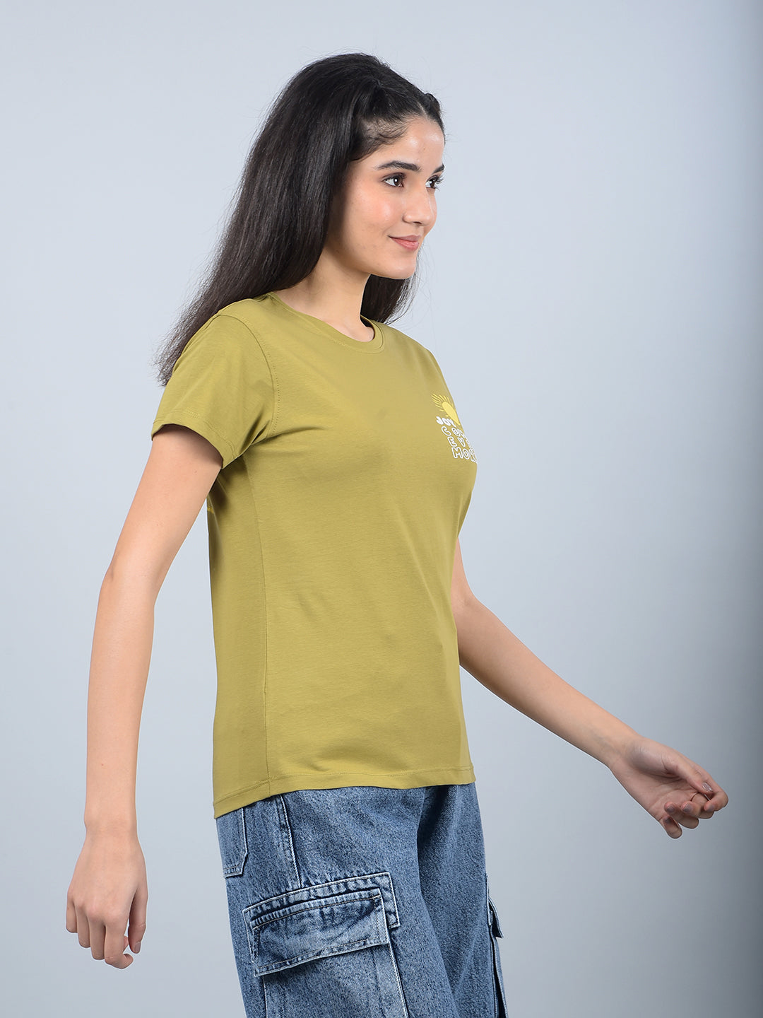 Olive Typographic Print T-Shirt-Women T-Shirts-Crimsoune Club