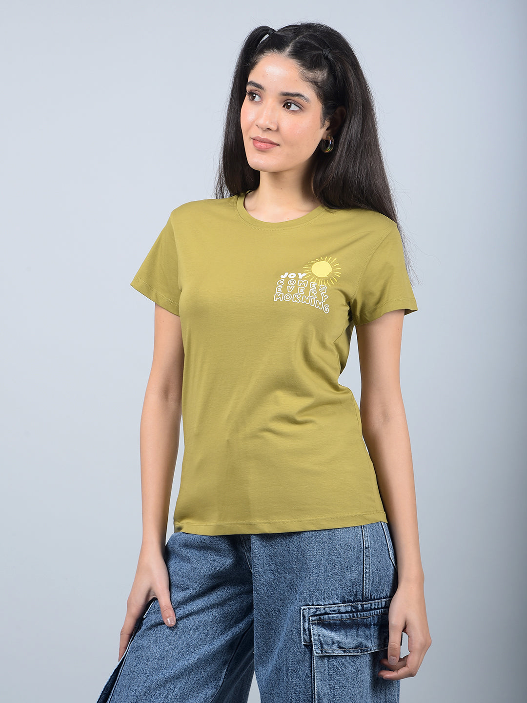 Olive Typographic Print T-Shirt-Women T-Shirts-Crimsoune Club