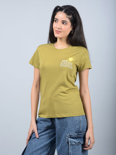 Olive Typographic Print T-Shirt-Women T-Shirts-Crimsoune Club