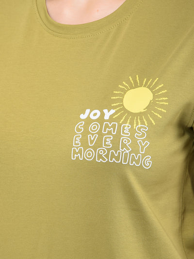 Olive Typographic Print T-Shirt-Women T-Shirts-Crimsoune Club