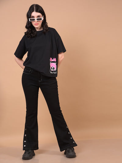 Women's Black Graphic Print T-Shirt-Women T-Shirts-Crimsoune Club