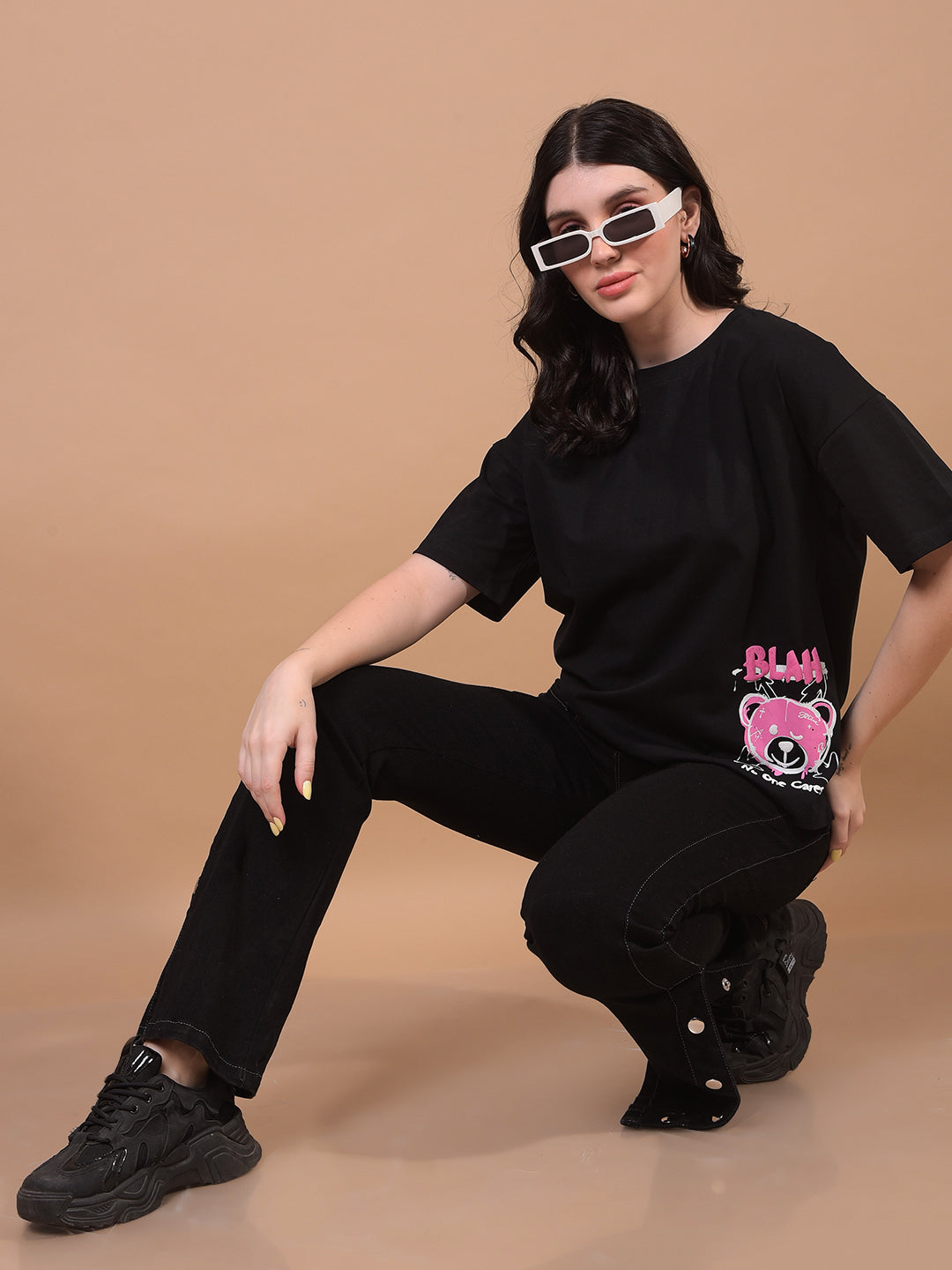Women's Black Graphic Print T-Shirt-Women T-Shirts-Crimsoune Club