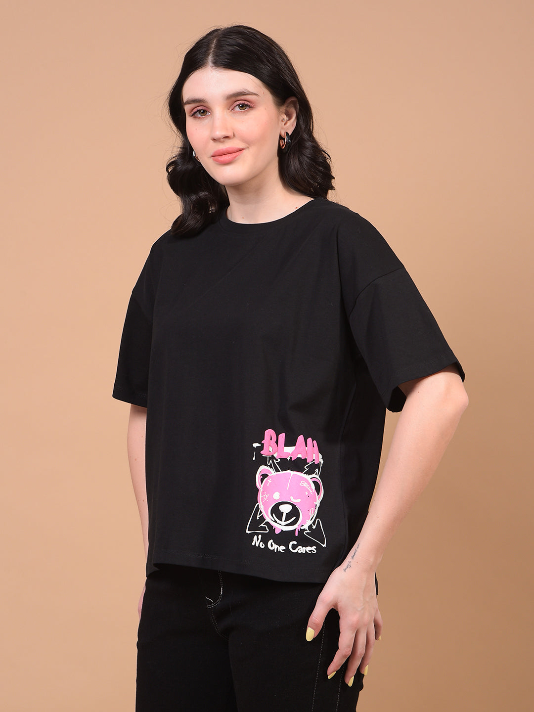 Women's Black Graphic Print T-Shirt-Women T-Shirts-Crimsoune Club