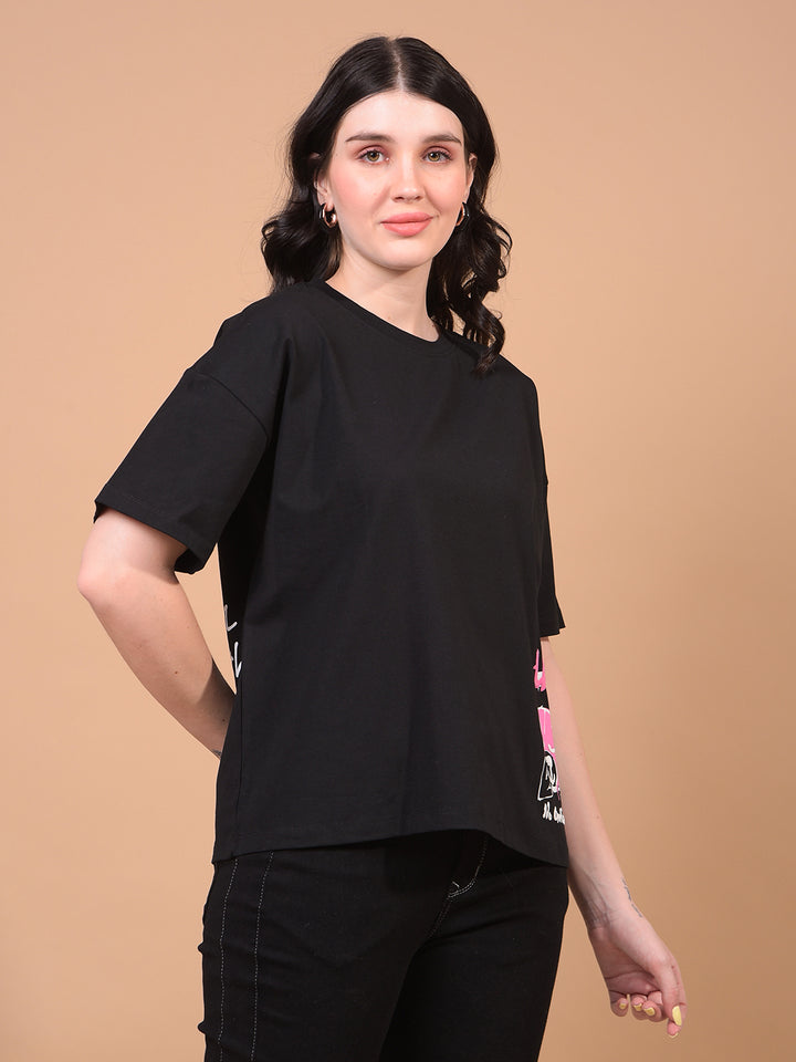 Women's Black Graphic Print T-Shirt-Women T-Shirts-Crimsoune Club