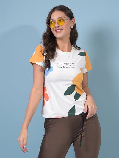 Women's White Floral Print T-Shirt-Women T-Shirts-Crimsoune Club