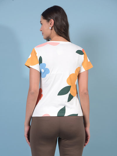 Women's White Floral Print T-Shirt-Women T-Shirts-Crimsoune Club