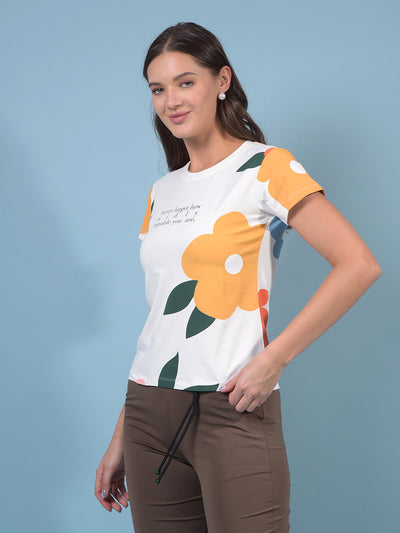 Women's White Floral Print T-Shirt-Women T-Shirts-Crimsoune Club