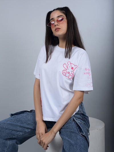 White Graphic Print T-Shirt-Women T-Shirts-Crimsoune Club